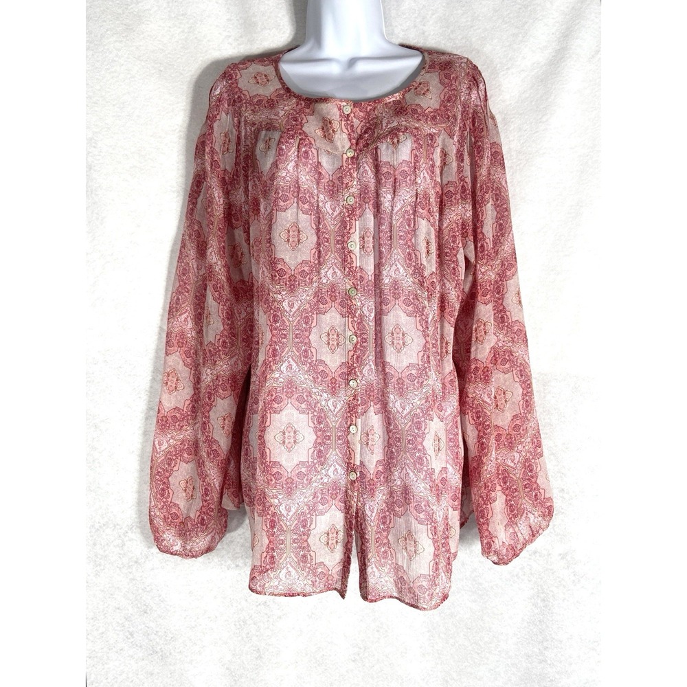 Sundance Top Women's XL Pink Blouse Long Sleeve Floral 100% Silk Semi Sheer Boho